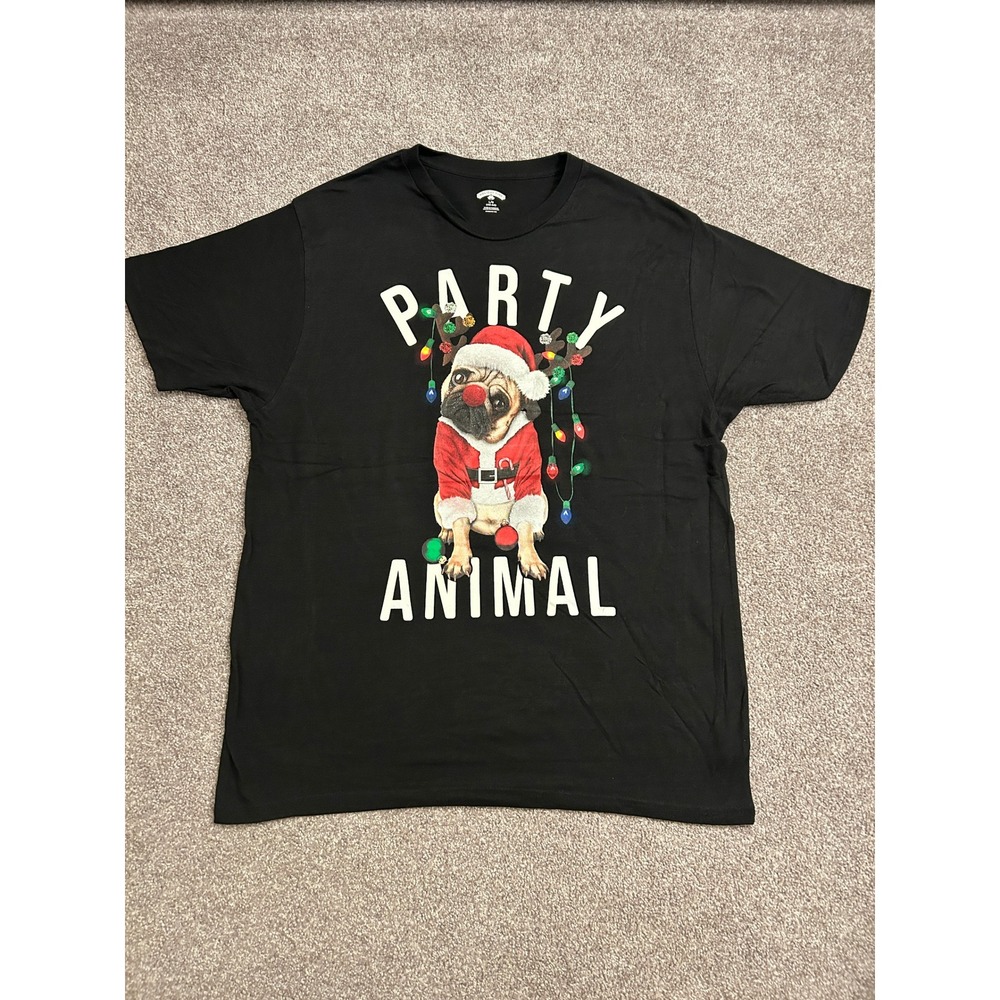 Holiday Time Party Animal Pug Christmas T-Shirt Mens L Black Excellent Graphic
